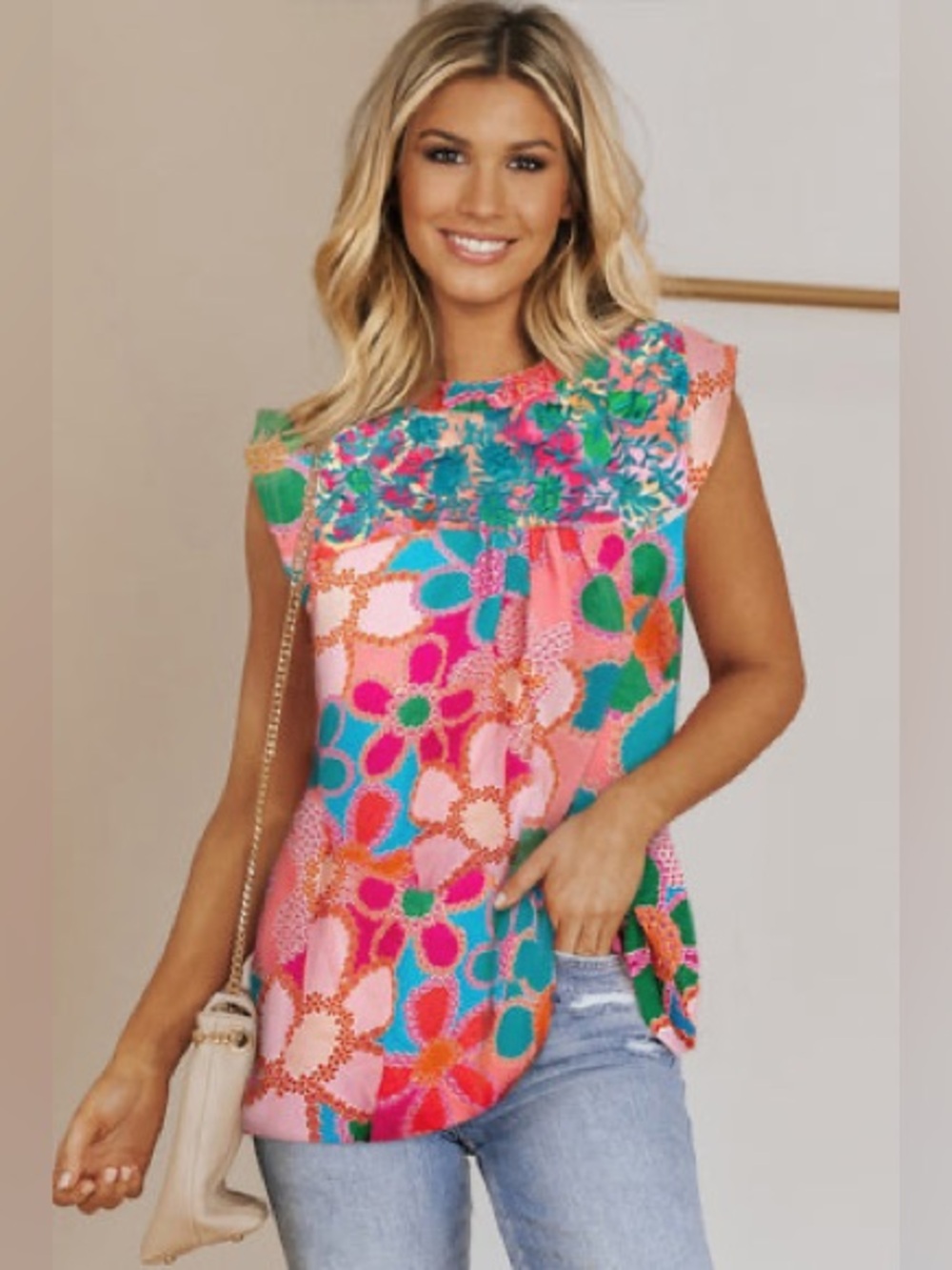 NWT Retro Daisy Embroidered Sleeveless Top XL Aqua Pink Floral Boutique